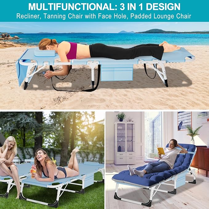 ABORON Folding Camping Cot W/Mat &amp Face Arm Hole for Adults Adjustable Heavy Duty Outdoor Bed1200 D Layer Oxford Travel Camp Cots for Beach Pool LawnYard Patio