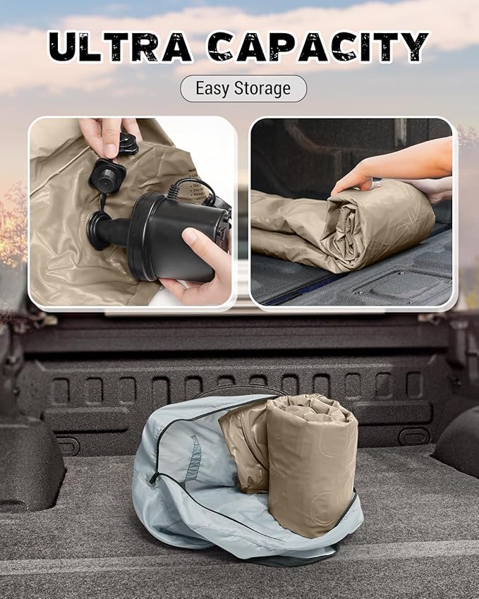 Truck Bed Mattress 5.5-5.8ft for Full Size Pickup Brown Truck Bed Air Mattress Fit for F150 Silverado Leak-Resistant Camping Electric Pump Heavy-Duty Easy Setup Large Carry Bag