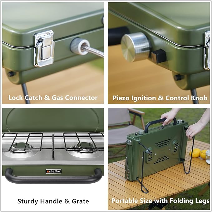 ONLYFIRE OUTDOOR LIVING Portable Camping Gas Stove 2-Burner Propane Camp Stove with Foldable Legs Heavy-Duty Latch &amp Handle for Patio Cooking Camping Tailgating RV BBQ Green GS331