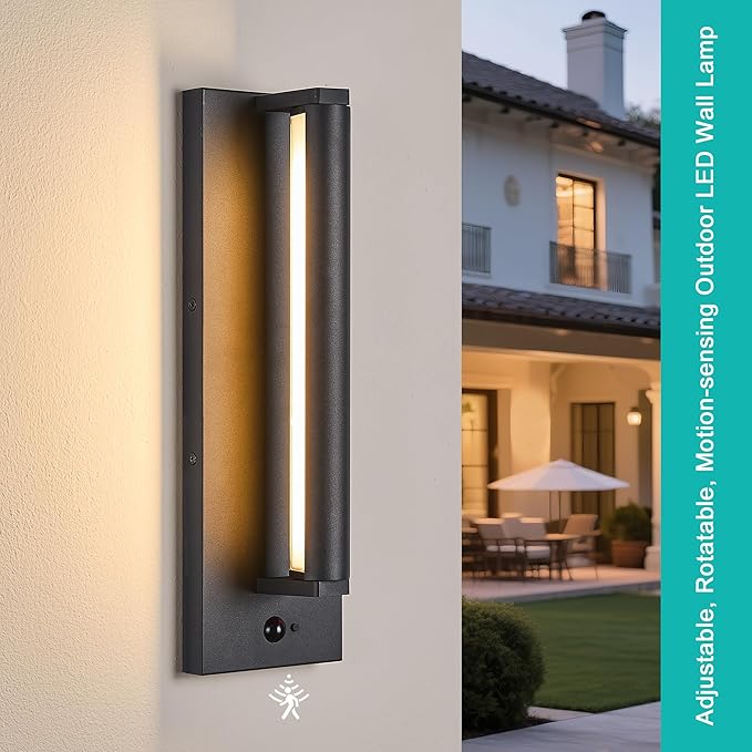 Modern PIR Motion Sensor Outdoor LED Wall Light with a Rotatable Beam and 245° Adjustment 3 Lighting Sensor Modes IP65 Waterproof Suitable for Porches Balconies Gardens Garages.