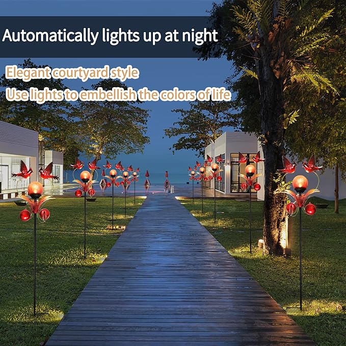 VCUTEKA Cardinal Solar Lights Outdoor Metal Garden Stake Waterproof Crackle Glass Globe Garden Decor Cardinal for Pathway Lawn Patio Yard