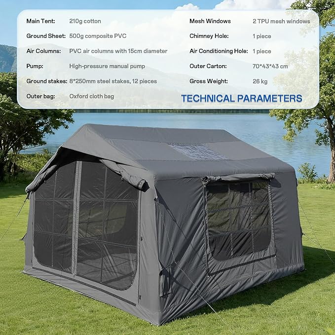 8㎡ Luxury Inflatable Camping Tent for 3-8 People UV-Resistant 4-Season Family Tent with Chimney Port &amp Skylight Oxford Fabric or Tech Cotton – White Tank Gray Aurora Green