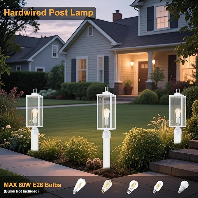 GRUENLICH Outdoor Lamp Post Light Fixtures Exterior Pole Lantern with Tempered Glass 20 Inch Fence Post Lighting for Garden Yard Pathway White 2 Pack