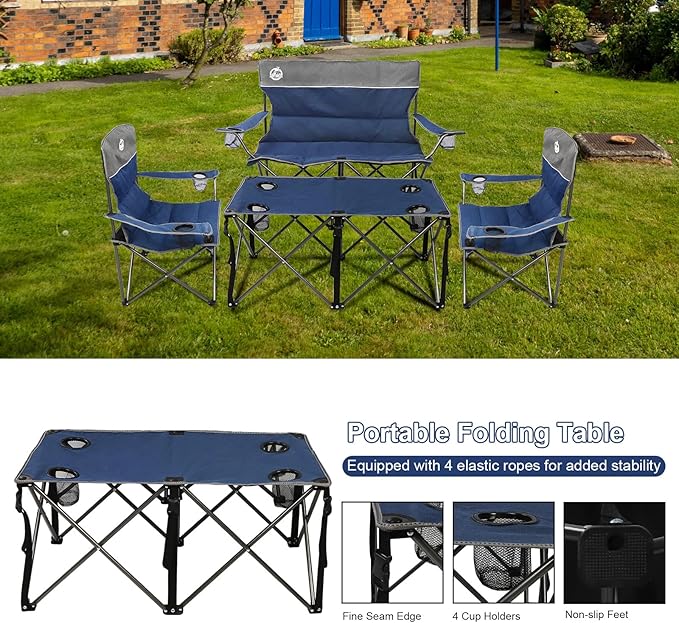 Northroad Folding Camping Chair Set of 4Portable Collapsible Conversation Set w/1 Sofa2 Single Chairs and 1 Table for Family PatioOutdoor TravelBeach(Blue)