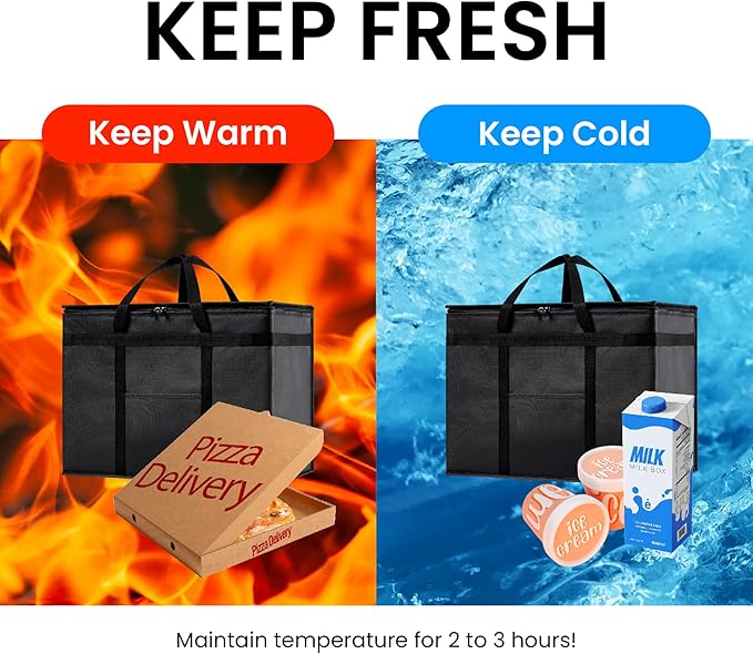 NZ home Insulated Bags for Food Delivery (XL Plus) Grocery Shopping Cooler Bag Pizza Delivery Hot &amp Cold Catering Tote Reusable Foldable &amp Heavy Duty (2 Pack Orange)