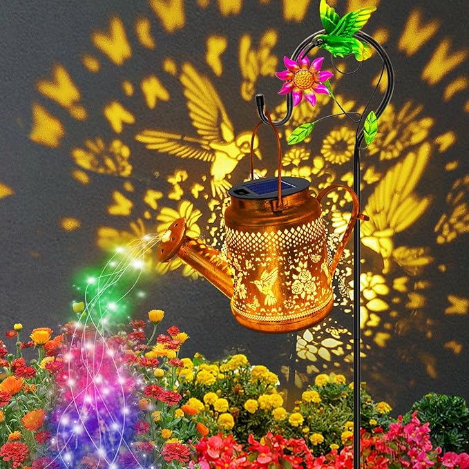 2 Pack Solar Lanterns Outdoor WaterproofHummingbird Watering Can Garden DecorHanging Solar Path Lights Yard ArtOutside Patio Decorations Gardening Christmas Gifts for Mom Grandma Women (with Hook)