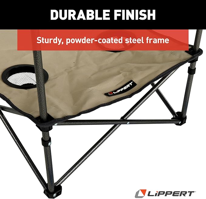 Lippert Sand Two-Tier Folding Camping Table with Dual Cupholders 600D Polyester Fabric Powder-Coated Steel Frame Foldable Design Lightweight Construction Zippered Carry Bag - 2023053721