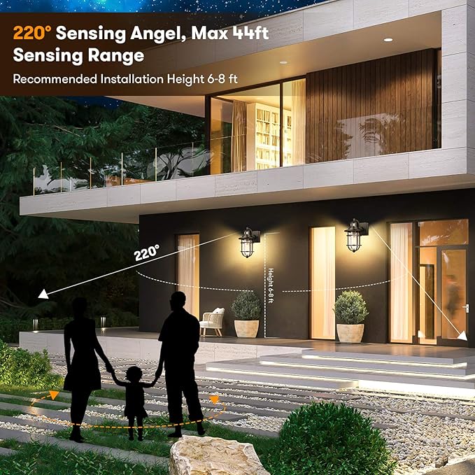Set of 2 Motion Sensor Outdoor Wall Lantern Dusk to Dawn Waterproof Exterior Wall Sconce With Seeded Glass Black Wall Mount Light Fixture for Porch Doorway Garage E26 Socket Motion Activated