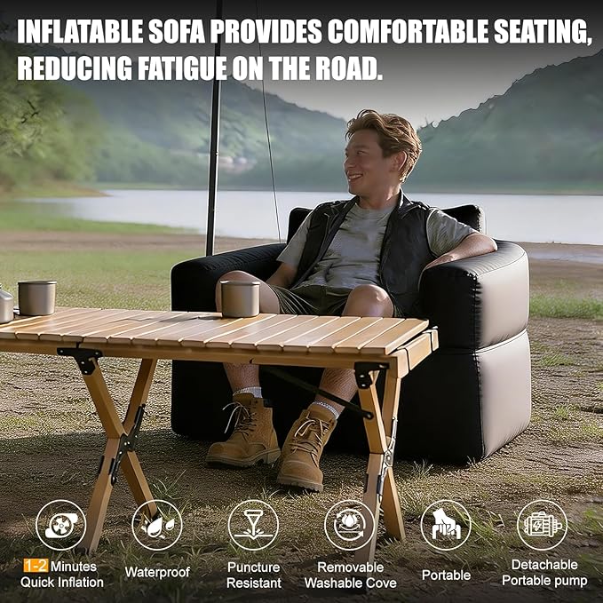 Inflatable Chair for Camping Portable Inflatable Couch Blow Up Couch with Built in Pump Slouch Couch Inflatable Sofa Air Sofa for Outdoor Glamping Backyard Patio Home Use Travel Waterproof