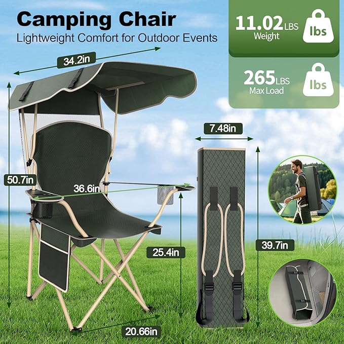 Portable Camping Chair with Canopy - Folding Chair with Canopy Durable 600D Oxford Canopy Chair for Camping Beach Picnics Fishing &amp Sports