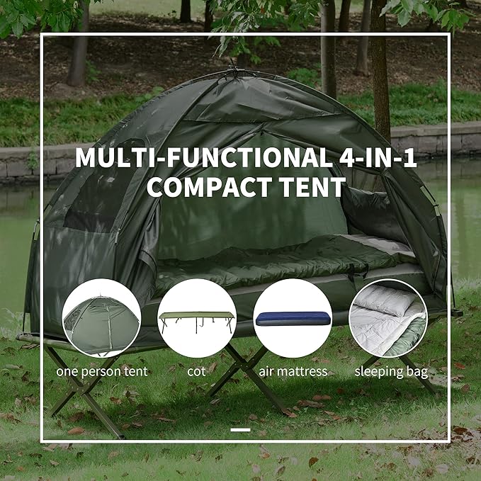 Single Person Elevated Camping Tent Cot Combo: Off-Ground Folding Cot with Attached Weather-Resistant Shelter &amp Carry Bag for Backpacking Hiking and Outdoor Adventures
