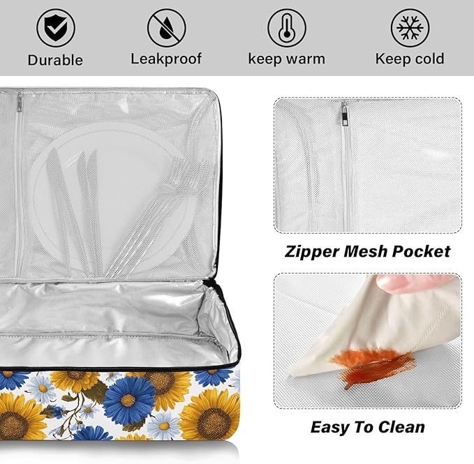 Casserole Carrier Pattern Sunflowers and Blue DaisiesInsulated Casserole Carrier for Hot or Cold Food Thermal Lunch Tote for Potluck Parties Picnic Beach Fits 9 x 13 Inches Baking Dish