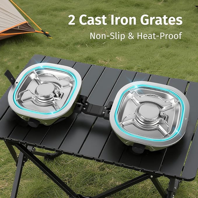 INFOOD Propane Camping Stove 20000 BTU - Portable 2 Burner Gas Stove with Adjustable Flame Control Piezo Ignition Carry Bag &amp Propane Adapter Hose Folding Design for Camp BBQ Tailgating Gre