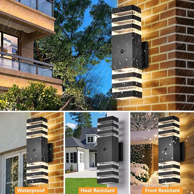 DASTOR Motion Sensor Outdoor Wall Lights 2 Pack Dusk to Dawn Outdoor Lighting 3-Layer Exterior Porch Light Fixtures Up and Down Outside Lights for House Garage