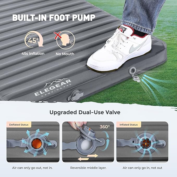 Elegear CumbreX™ Air &amp Foam Camping Sleeping Pad HexaFoam Camping Mattress Pad with Built-in Foot Pump Memory Foam Camp Pad 4-Season R-Value 9.5 Camp Sleeping Mat for Travel/Car/Tent Gray