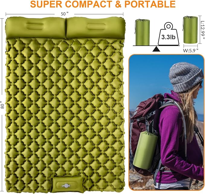 Double Sleeping Pad Ultralight 4 Extra-Thick Self Inflating Sleeping Mat for 2 Person with Pillow Built-in Foot Pump Portable Camping Mat for Backpacking Hiking Traveling Tent Camping