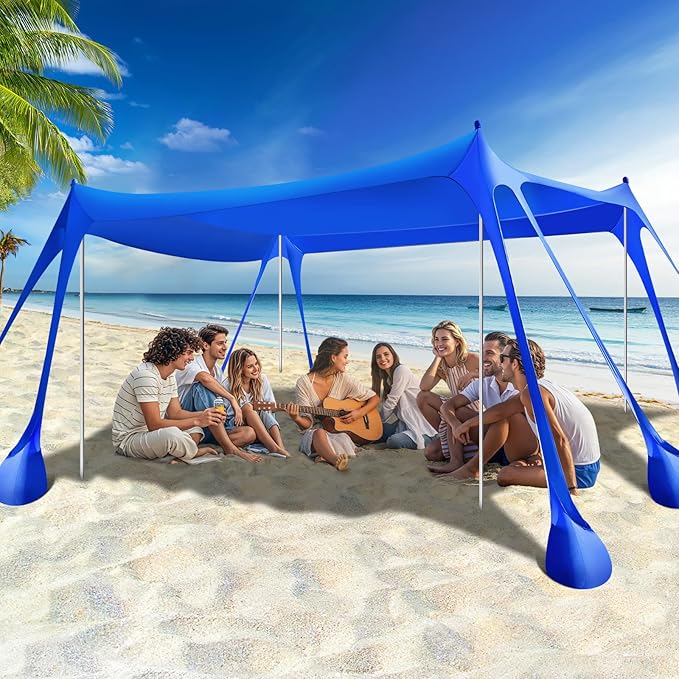 Rhino Valley Beach Tent Shade Canopy UPF50+ Protection 8 Sandbags 4 Stability Poles Outdoor Sun Shelter Umbrella for Sand Camping Fishing Essentials