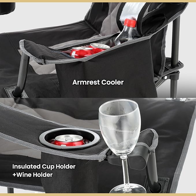ARROWHEAD OUTDOOR 2-Pack Portable Folding Camping Quad Chair w/ 6-Can Cooler Cup &amp Wine Glass Holders Heavy-Duty Carrying Bag Padded Armrests Headrest &amp Seat Supports up to 550lbs