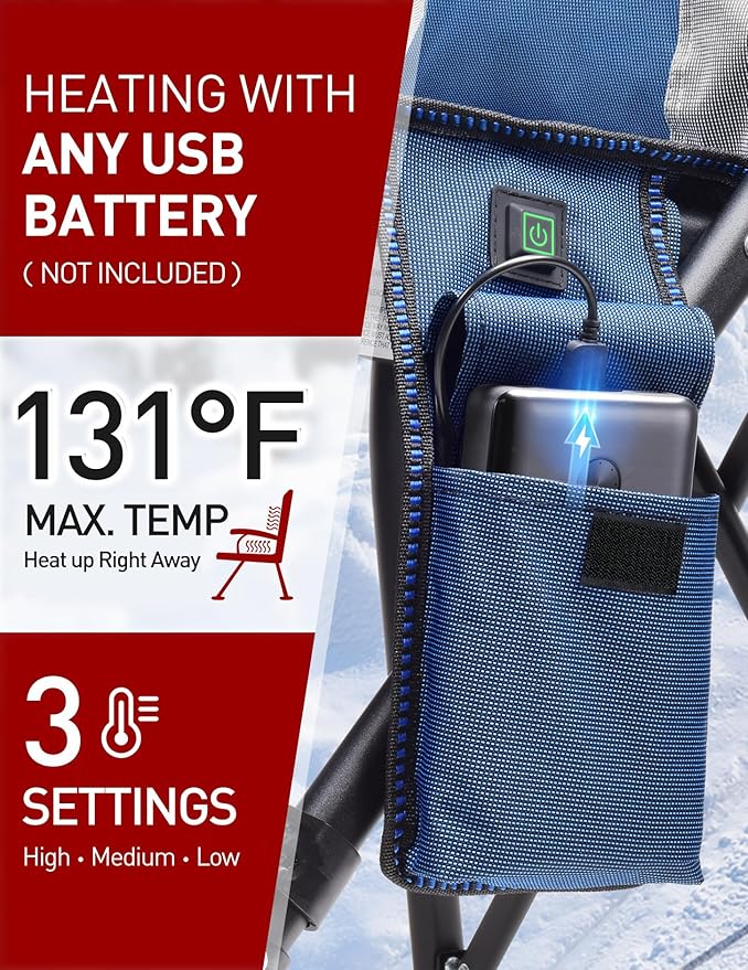 Heated Camping Chair for Adults Heats Back and Seat 3 Heat Levels Fully Padded Heated Folding Chair for Outdoor Sports with Cup Holder Rich Pockets Battery NOT Included