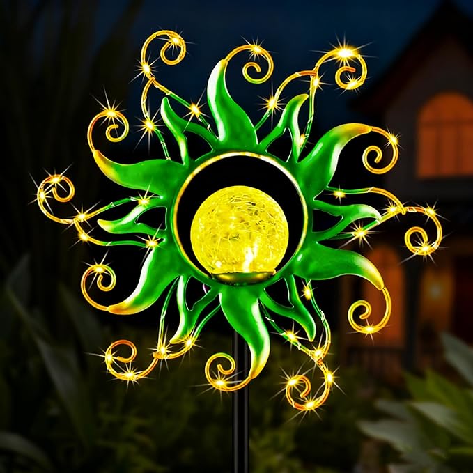Solar Garden Lights Outdoor Green Metal Sun Stake with 30 LED Waterproof Vine String Crackle Glass Spring Decor for PatioYardrLawn Gardening Birthday Gifts