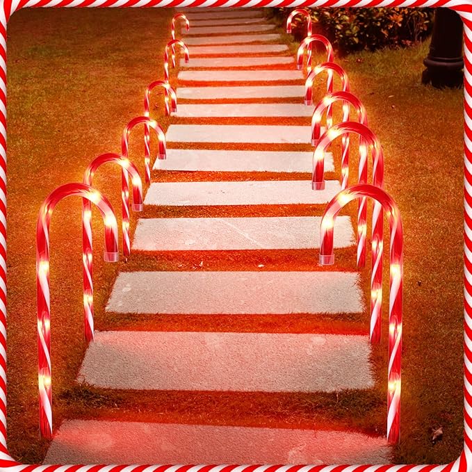 12Pack Christmas Decorations Candy Cane Lights16 Lighted Pathway Makers Lights with 72 Warm Lights Connectable Christmas Lights Outdoor Walkway Sidewalk Candy Canes Yard Lawn Decor