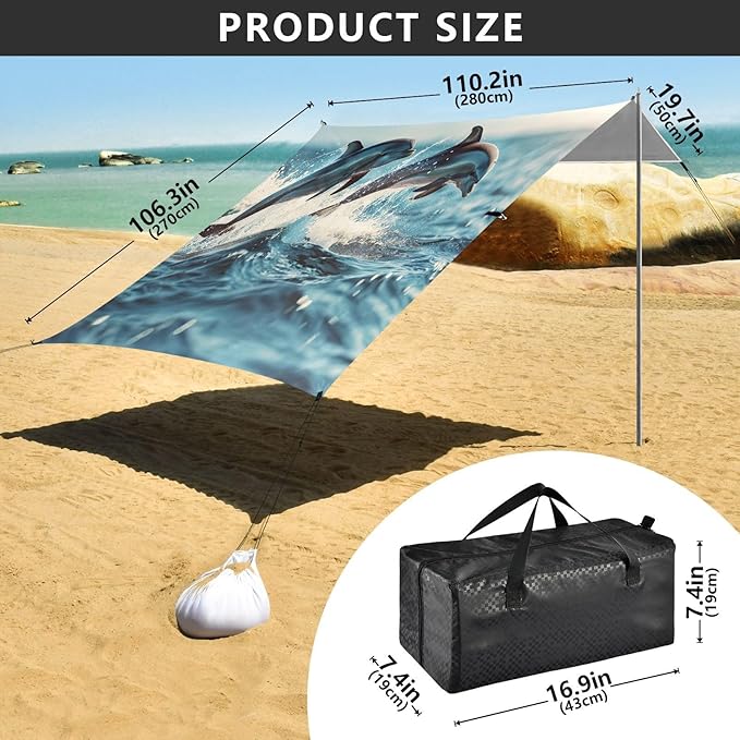 Dolphins Jumping Pattern Beach Tent Sun Shelter 9.2' x 10.5' Beach Canopy with 4 Sandbags 4 Stability Poles Sand Shovels - Tent Canopy for Beach Camping Fishing Picnics
