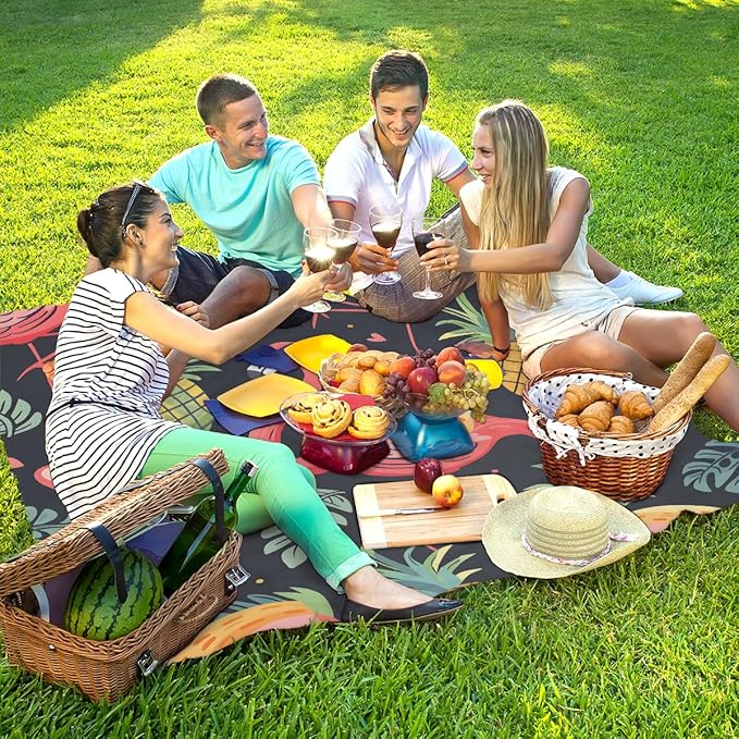 Waterproof Sandproof Beach Blanket 59''×68'' Flamingos Polyester Outdoor Picnic Blanket with 4 Stakes &amp Storage Bag for BeachCampingVacation Pineapple