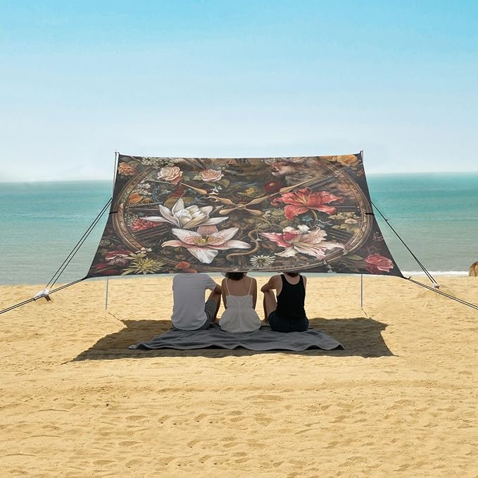 Lily Valley Clock Beach Tent Sun Shelter 9.2' x 10.5' Beach Canopy with 4 Sandbags 4 Stability Poles Sand Shovels - Tent Canopy for Beach Camping Fishing Picnics