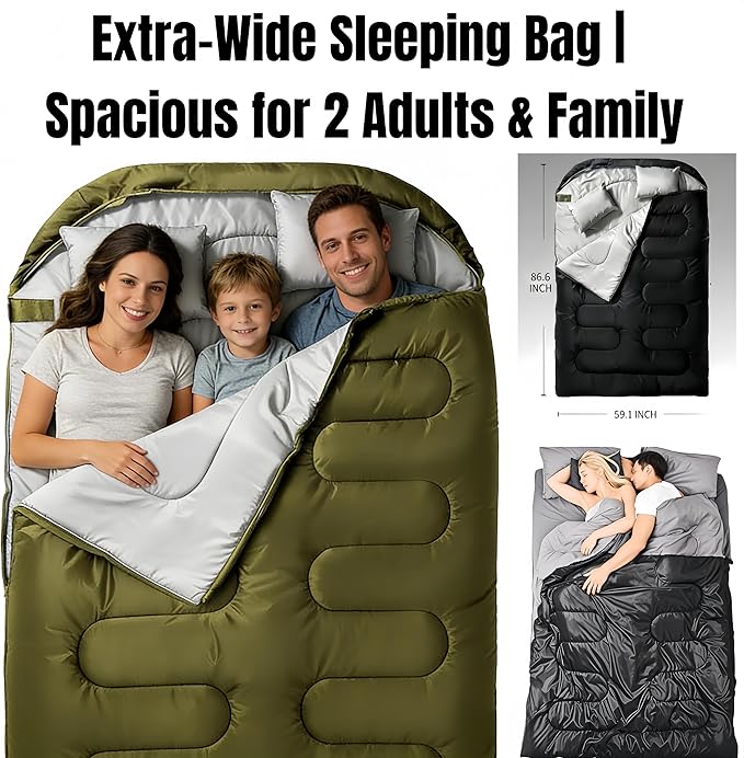 Double Sleeping Bag for 2 Adults Convertible to 2 Single Bags 3-in-1 Waterproof Camping Bag with Pillows Machine Washable 6.6 lbs Lightweight 59x87 Inches