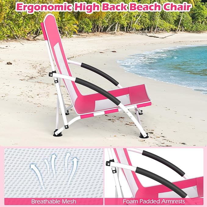 GYMAX Folding Beach Chair 330lbs Low Seat Camping Chairs with Removable Adjustable Umbrella Carry Bag Armrests Anti-Slip Foot Pads Lightweight Mesh High Back for Lawn BBQ Sport Event (1Pink)