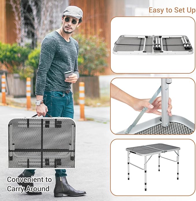 GYMAX Aluminum Folding Camping Table Adjustable Grill Table Portable Metal Grill Stand for BBQ Camping Outdoor Cooking