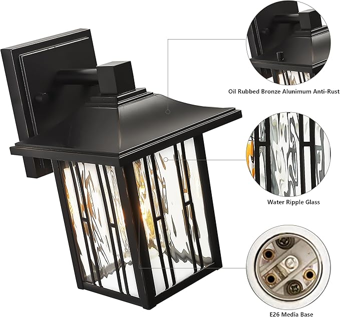 Outdoor Wall Lights Exterior Front Porch Lights Wall Sconce Wall Mount Waterproof Wall Lantern with Water Ripple Glass Oil Rubbed Bronze Light Fixtures for House Garage Patio 2-Pack