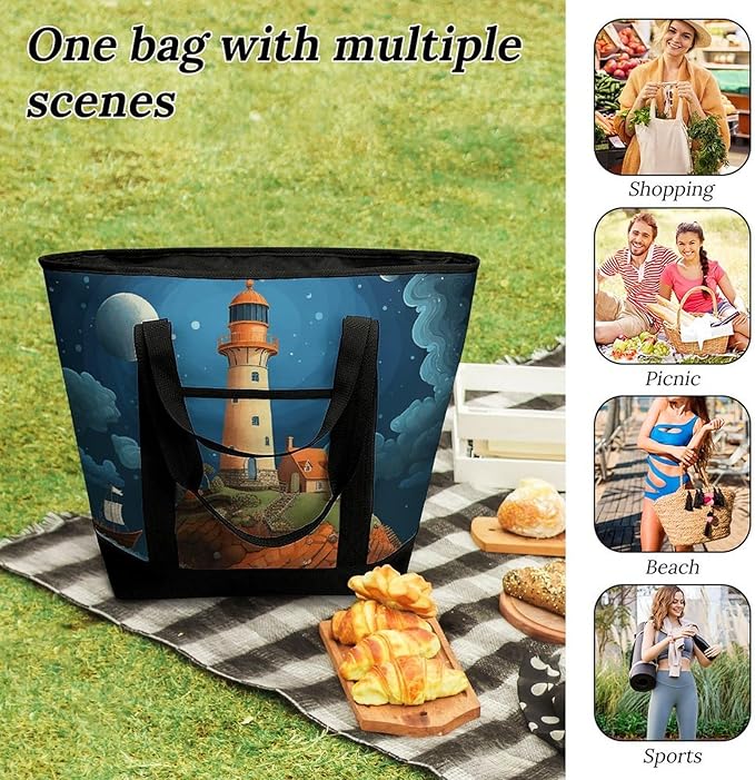 Insulated Shopping BagLarge Reusable Cooler Bags Catoon Whale Lighthouse Printed Foldable Shopping BagTravel Waterproof Shoulder Bag