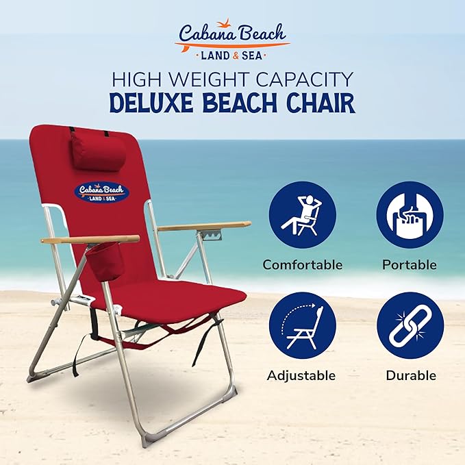Cabana Beach Folding Beach Chair 4 Position Portable Backpack Foldable Camping Accessories with Headrest Cup Holder and Wooden Armrests Tango Red