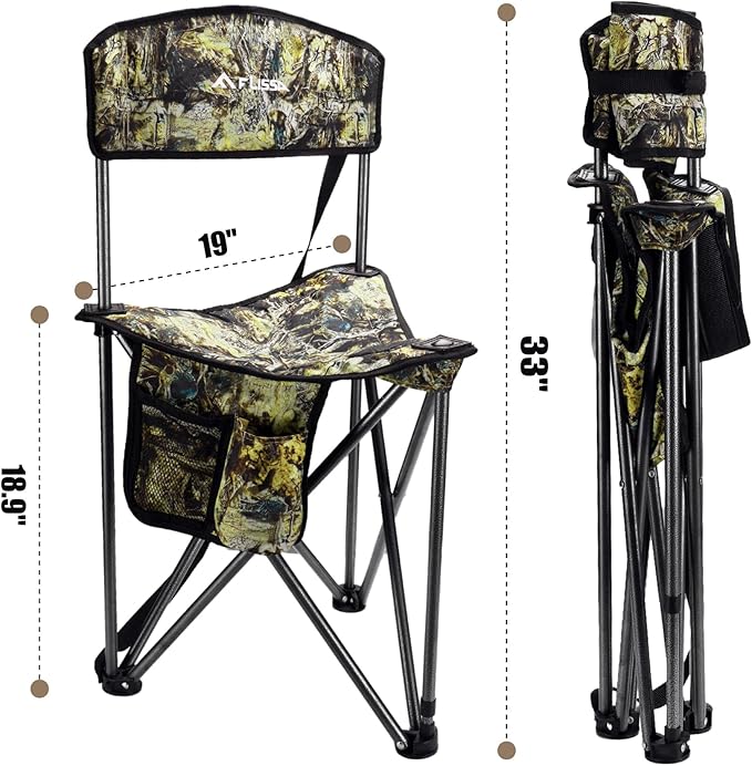 FLISSA Tripod Hunting Chair with Backrest Portable Hunting Stool Supports 250 LBS Foldable Camo Seat with Carry Strap for Hunting Hiking Fishing and Camping
