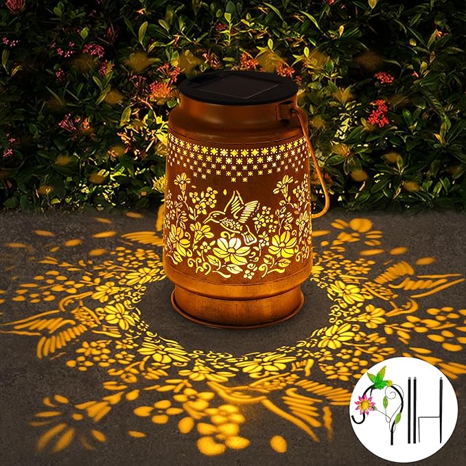 Solar Lanterns Outdoor Hummingbird Garden Decor Gifts for Women Mom Grandma Birthday Metal Hanging Solar Lights Waterproof with Shepherd Hook LED Decoration Outside for Garden Yard Patio Porch