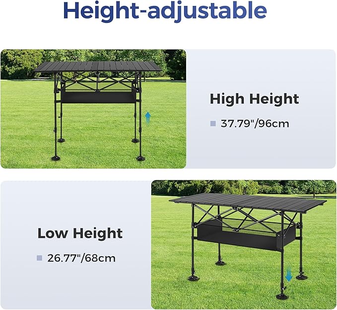 ALPHA CAMP Portable Camping Table Adjustable Aluminum Folding Table for Picnic BBQ Outdoor Black 21.65D x 33.07W x 26.77H in