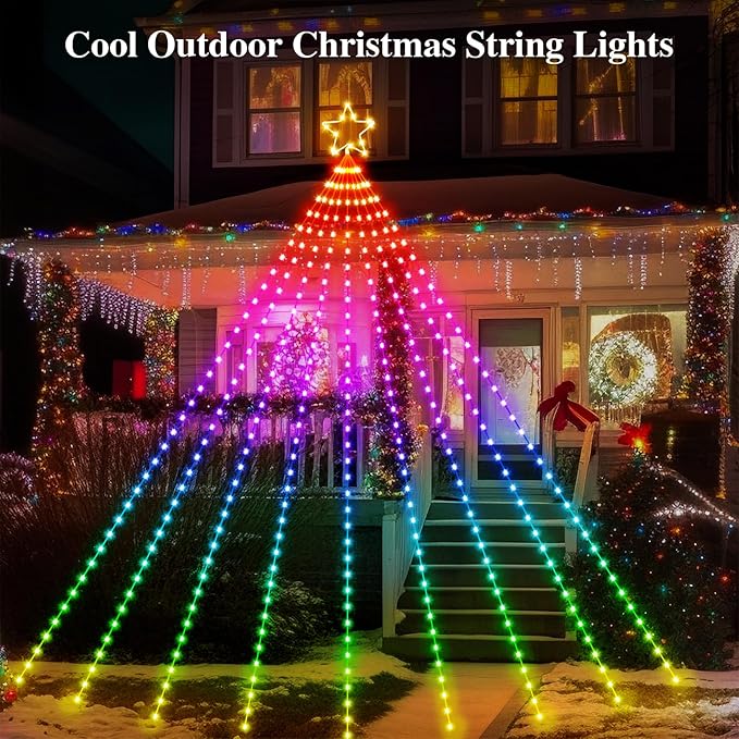 11.8 FT Christmas Decorations Outdoor Star String LightsSmart APP Remote Control RGB Color Changing DIY 344 LED Waterfall Lights for Garden Yard Outdoor Xmas Decorations