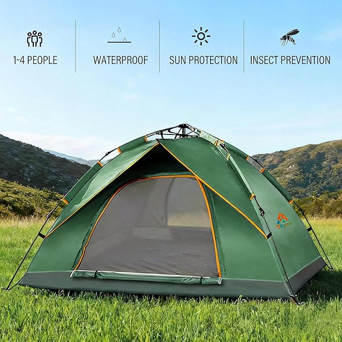 Quick Set Up Waterproof 4-Person Camping Tent with Bug Netting - Instant Pop-Up Tent for Family Camping &amp Hiking | All-Weather 4-Season Outdoor Shelter