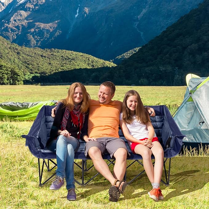 3 Person Camping Chairs Folding Double Camping Chair Portable Oversized Loveseat Padded Camp Chair Heavy Duty Camping Couch for Adults Outdoor Lawn with Two Cup Holders and Carry Bag Blue