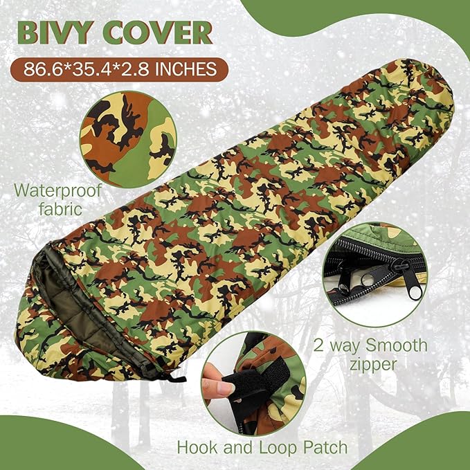 Macarrie Army Modular Military Sleeping Bag System for Adults Camo Thickened Multi Layered MSS Mummy Shaped Sleeping Bag with Bivy Cover for Winter Camping Gear