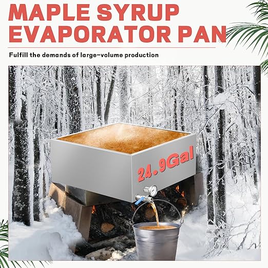 Maple Syrup Evaporator Pan 304 Stainless Steel Maple Syrup Evaporator with Valve and Thermometer 24.9Gal Feed Pan for Boiling Maple Syrup 24 x 24 x 10 Inch for Home and Outdoor Use