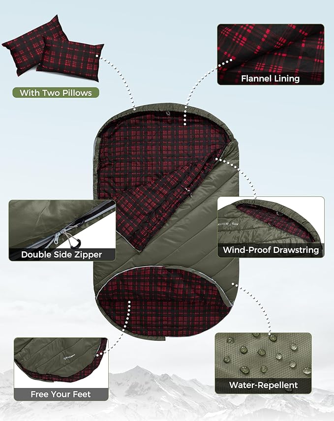 KingCamp Double Sleeping Bag for Adults Queen Size 2 Person XXL Flannel Sleeping Bag Waterproof Lightweight Flannel Quilt with 2 Pillows Perfect for Couples Family Camping Hiking