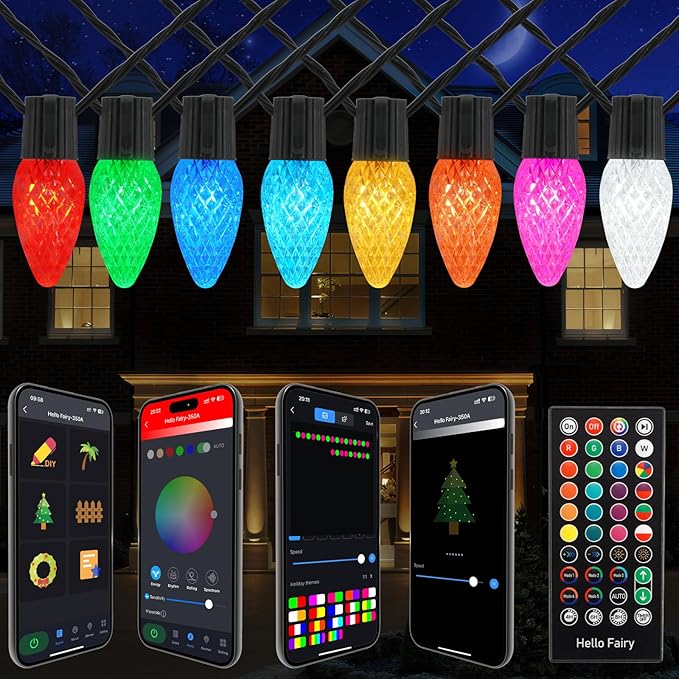 Smart C9 Christmas Outdoor Lights 66FT 100 LEDs RGB String Lights APP/Remote Control DIY Modes &amp Music Sync Color Changing Holiday Lights for Xmas Tree House Party Decoration