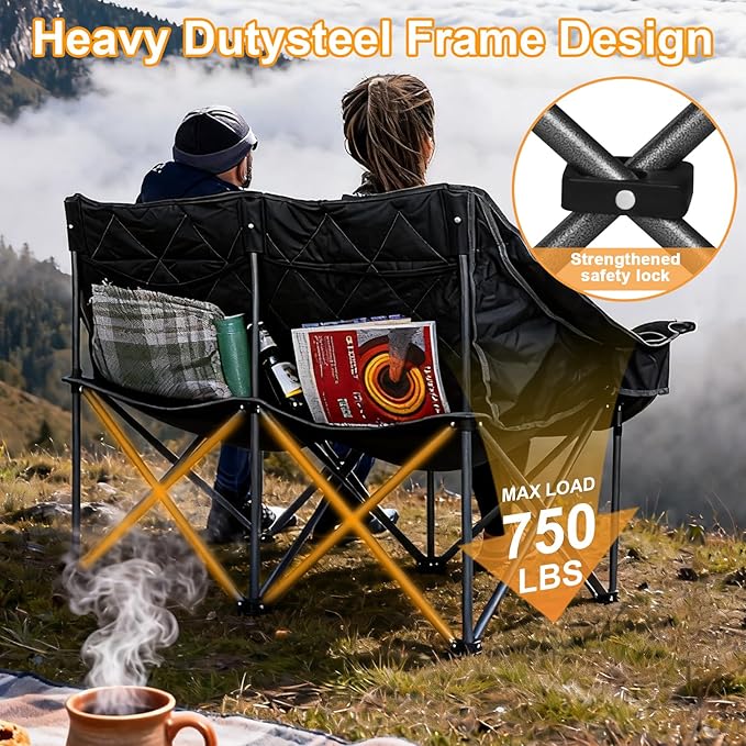Romswi Double Camping Chair2 Person Camping Chair Oversized Folding LoveseatHeavy Duty Camping Couch &amp Outdoor Sofa with Cup HoldersSupports 750LBS