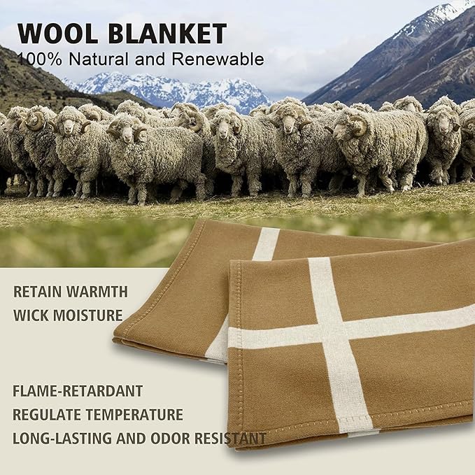 Wool Blanket &amp Throws 90% Wool Warm Blanket Soft Couch Blankets 75x55 Twin Throw Blankets for Living Room Camping Outdoors or Car Travel with Exquisite Box for Gift (Camel)