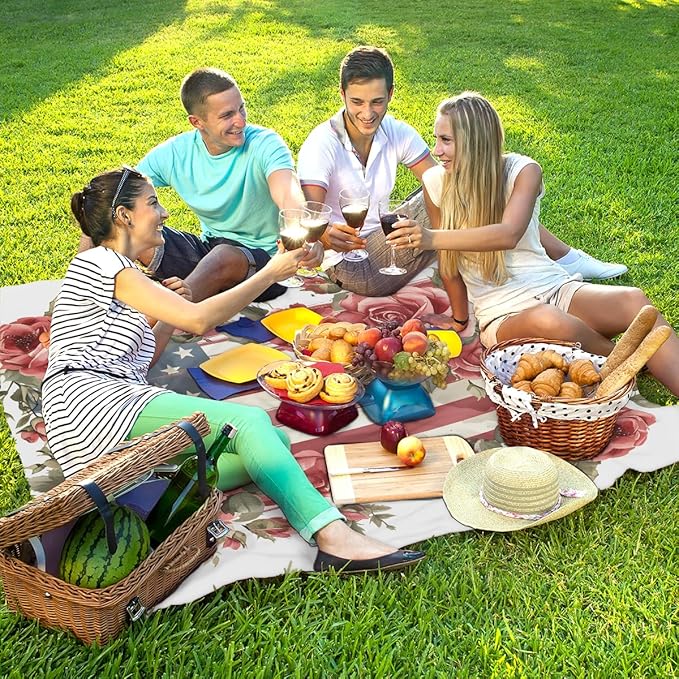Waterproof Sandproof Beach Blanket 59''×68'' Country Polyester Outdoor Picnic Blanket with 4 Stakes &amp Storage Bag for BeachCampingVacation Rosebush