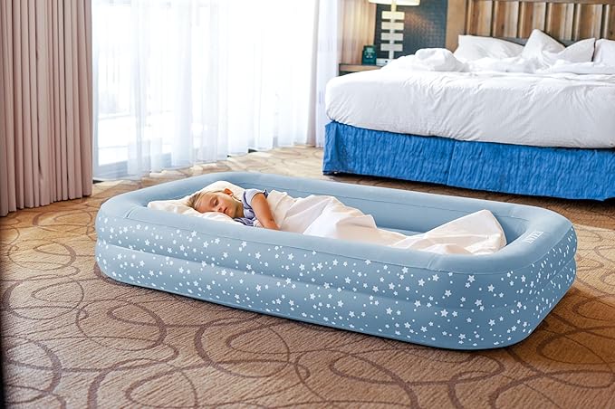 Intex 66810FL Inflatable Kidz Travel Bed Set Includes Hand Pump and Carry Bag Removable Mattress Quick Inflation Indoor Use 42in x 66in x 10in Blue with Star Print Frame