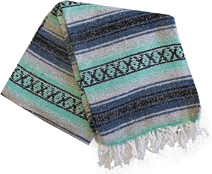 Del Mex Classic Mexican Blanket Large Authentic Woven Falsa Throw (70x50) Artisan Southwest Décor for Beach Yoga Outdoors (Navy/Mint)