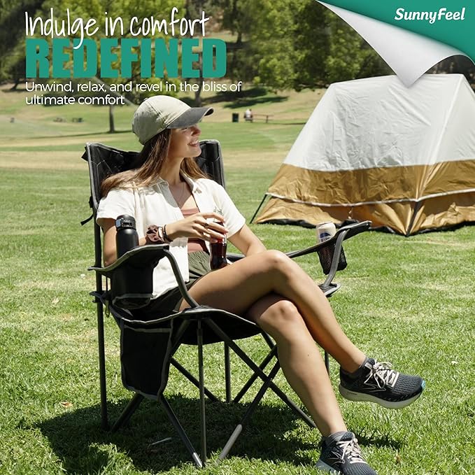 SUNNYFEEL Camping Chairs for Adults Padded Oversized Camping Chair Heavy Duty 500LBS Portable Lawn Chair with Cup Holder Side Pocket&ampBag for Outdoor Camping/Beach/Picnic/Fishing Black